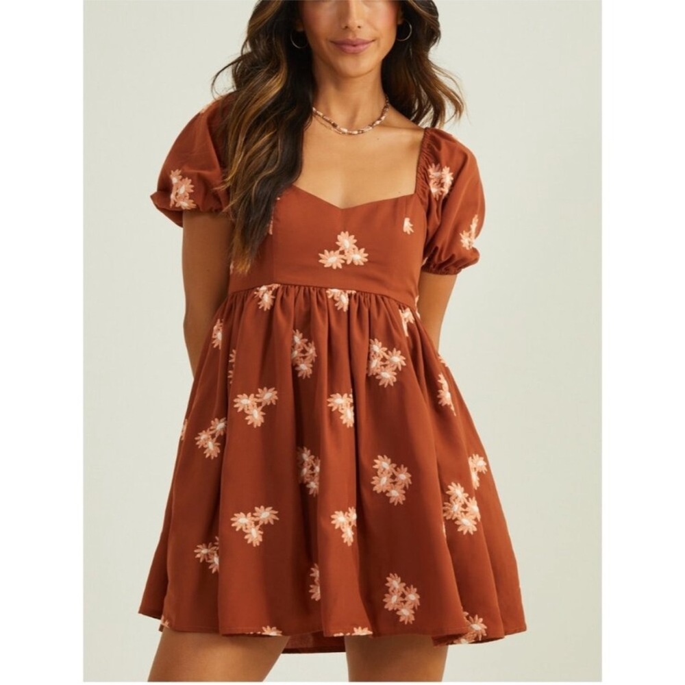 Altar'd State Floral Puff Sleeve Mini Dress in Brown and Cream - Picture 1 of 4